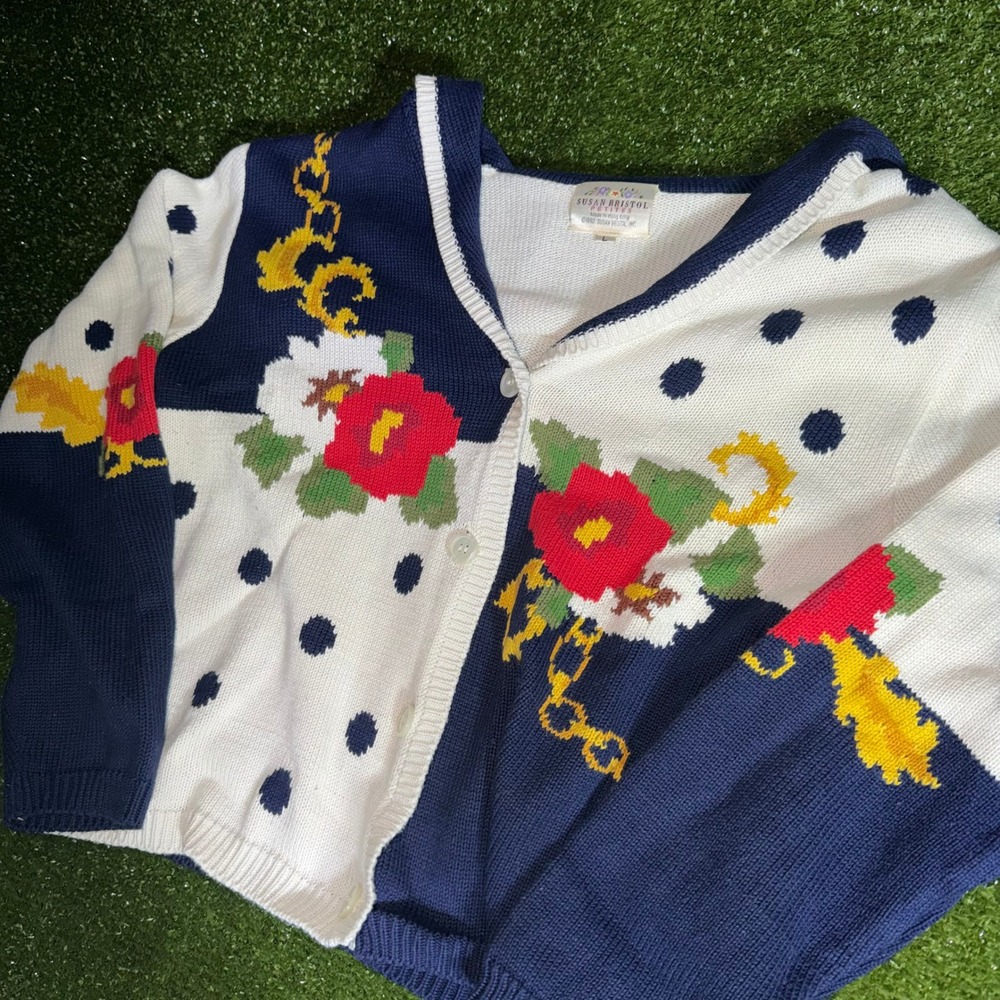 Vintage 1992 Susan Bristol Petites Floral Polka Dot Sailor Collar Cardigan L - Picture 3 of 7